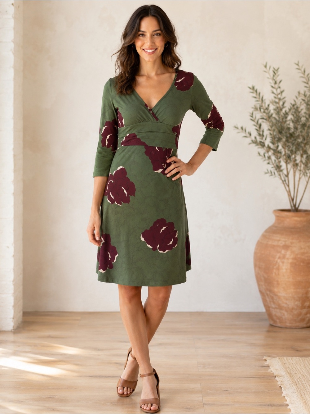 Patagonia Margot Organic Cotton Midi Dress Olive Floral Sz M Effortless